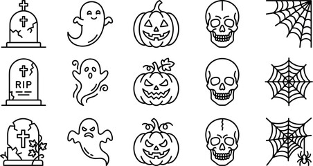 Obraz premium Halloween-themed vector icons set featuring ghosts, pumpkins, skulls, tombstones, and spiders