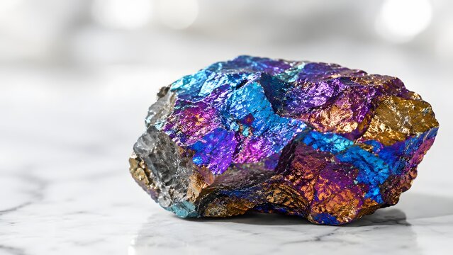 Beautiful geology photograph of an iridescent chalcopyrite peacock ore mineral specimen on white marble. This high detail graphic is suitable for science articles and mineral shops.