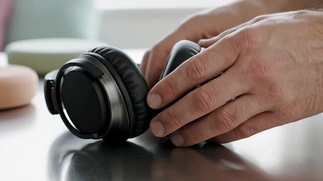Close view of hands holding black over ear headphones on a desk, soft daylight and shallow focus create a calm modern tech mood for music and work