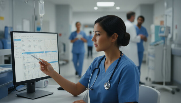 Female nurse analyzing patient health records on computer monitor in busy hospital hallway.
