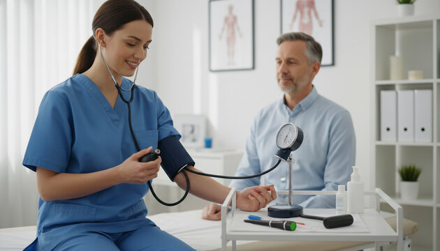 Female nurse using stethoscope and sphygmomanometer to check patient's blood pressure.