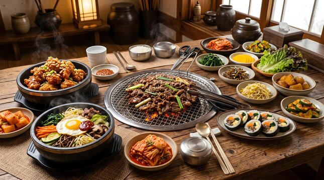 A warm Korean BBQ feast with sizzling bulgogi on a tabletop grill, steaming bibimbap, assorted banchan, kimchi and kimbap arranged for communal dining in a cozy traditional setting.
