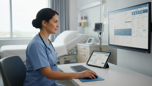 Female nurse working at computer workstation in patient room of modern hospital.