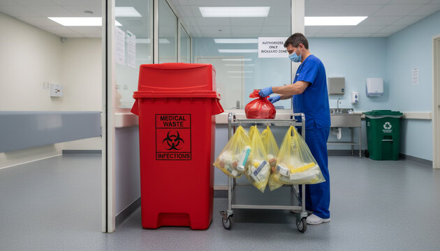 Healthcare worker handling infectious waste on cart in sterile hospital corridor.
