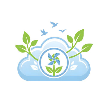 Eco friendly cloud logo with wind turbine and plants on transparent background