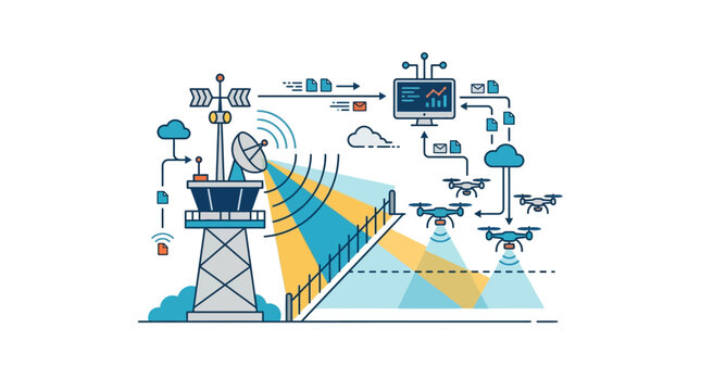 Drone Traffic Control System: Airport Tower, Drones, Data Flow, Network