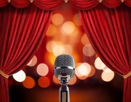 close up of stage microphone with red curtains and bokeh background at theatre cabaret comedy show or opera music concert