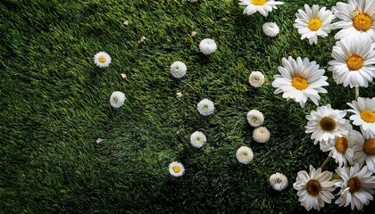 top view of green grass field with white daisies and plants with copy space © Marie K