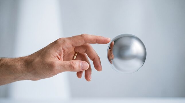 Abstract human hand reaching out to touch a floating silver sphere representing future technology and innovation