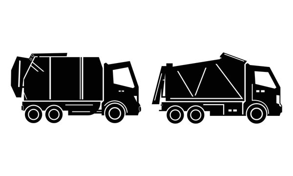 Garbage truck bundle silhouette, Trash truck vector illustration isolated on white, Municipal refuse collection and recycling truck silhouette