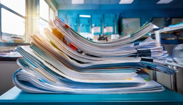 stack of medical journals and research papers on a desk with organized scientific literature and healthcare publications for professional study and medical research