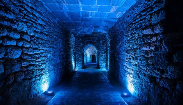 stone walled underground chamber with blue lighting creates an eerie atmosphere in a secluded location