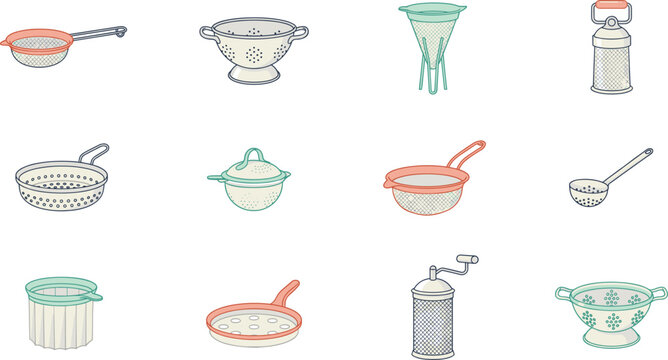 Vintage kitchen colander and strainer vector illustration set with doodle style cooking strainers sifter cheesecloth mill ladle and bowls isolated object collection
