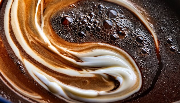 creamy milk or creamer pouring into dark black coffee creating dynamic abstract swirling textures waves and cloud patterns close up overhead macro shot