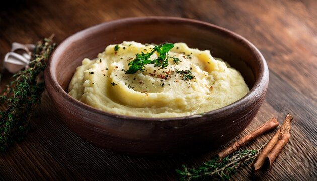 mashed potatoes with gravy and herbs rustic bowl