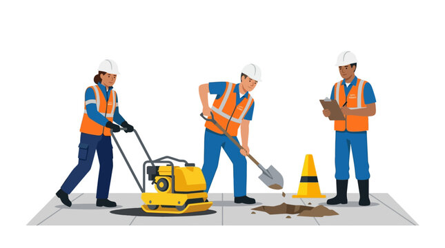 Construction workers with plate compactor and shovel, road repair, urban infrastructure