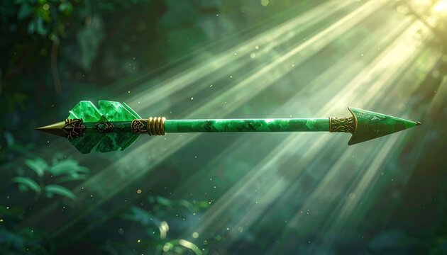 A gleaming emerald arrow, adorned with gold, levitates amidst sunlit jungle foliage