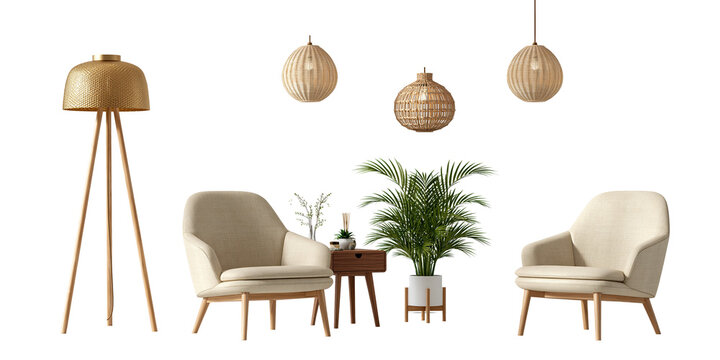 Modern living room interior with chairs, lamp and plants