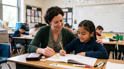 Fototapeta premium Supportive female teacher attentively guides a focused, diverse elementary student with writing practice in a bright classroom. This positive interaction fosters early education, academic
