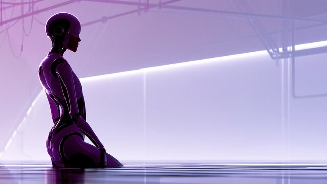 Purple robot humanoid figure in futuristic sci-fi studio lighting