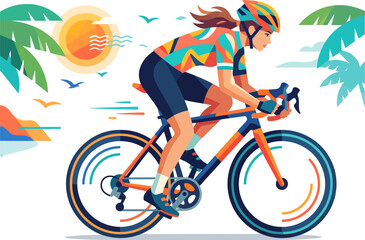Fototapeta premium Cycling on Coastal Road at Sunset Summer Vibrant Geometric Flat Vector Illustration