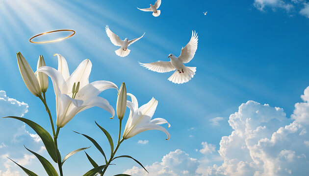 White lilies and flying doves against a bright blue sky with sun rays and halo flowers blooming flowers