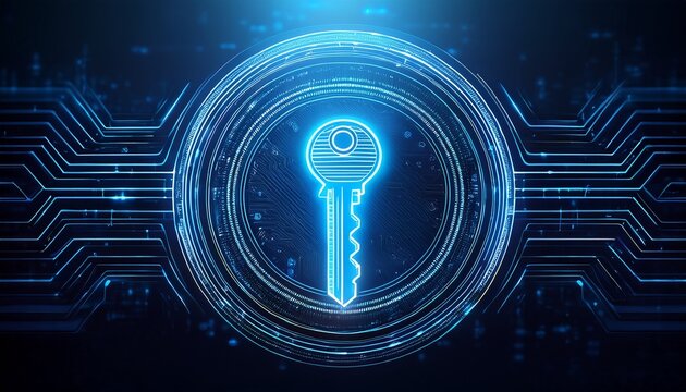 digital key glowing in futuristic holographic circle against dark blue background