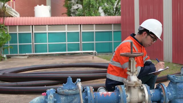 Professional male industrial engineer crouches while using a laptop computer to inspect large blue water pipe valves outdoors at a commercial manufacturing plant facility during the day.
