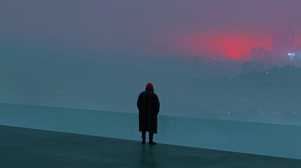 Fototapeta premium Lone figure in red hood on rooftop overlooking neon foggy cityscape for cyberpunk wallpaper and atmospheric poster design