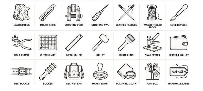 Minimal Leather Crafting Outline Icons for Professional Workshop Graphic Assets