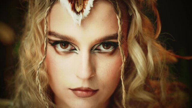 portrait close-up beauty sexy face brown eyes lips creative makeup fantasy woman fashion model posing looking at camera. gothic fairy woman owl, bird shaman costume. elf girl viking warrior princess