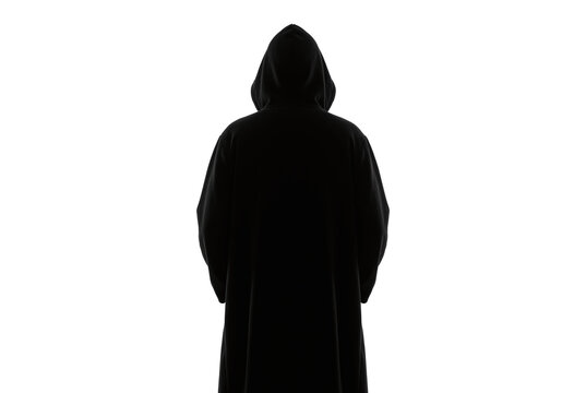 Dark silhouette of hooded figure facing away