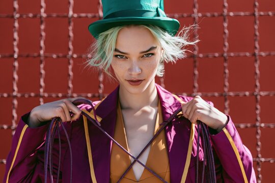Female ringmaster portrait with green hat and magenta coat drawing crossed whips for circus banner and poster design with bold theatrical style