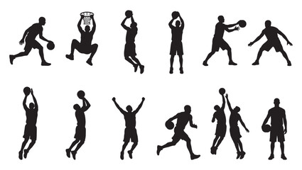 A high-quality vector collection of black silhouettes of basketball players in various active poses. This set features realistic motion shapes including dribbling, dunking, shooting, jumping, passing, © Art Corner