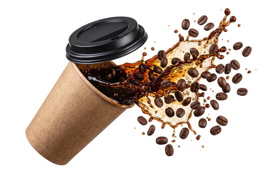 Paper coffee cup with splashing liquid and flying beans