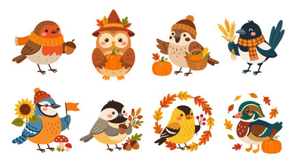 Naklejka premium Cute Autumn Birds Collection: Forest Animals in Fall Attire with Pumpkins
