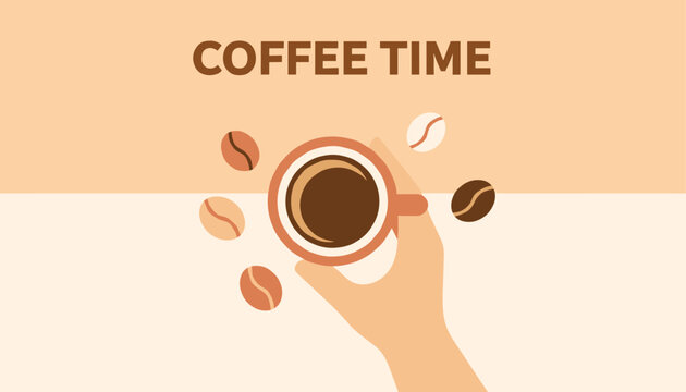 Hand holding cup of black coffee from above with coffee beans on cream background for coffee break, vector.