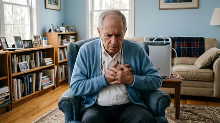 Fototapeta premium Elderly man clutching his chest in pain, experiencing a health emergency