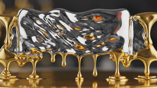 Rippling Liquid Silver Mercury Banner with Dripping Gold Edges Flowing Against a Dark Blurred Background