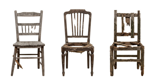Old broken wooden chairs set isolated