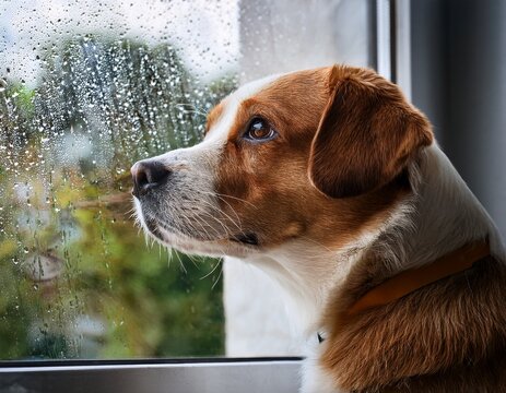 dog looks out the window during a rainstorm while waiting inside the house