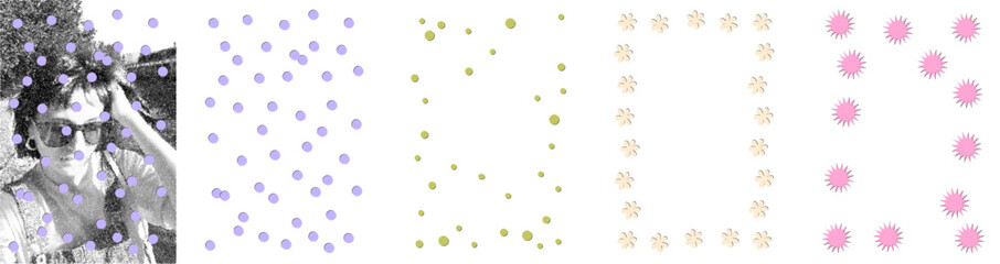 Confetti paper cut out frames collection. Fun dopamine trendy paper overlays. Playful scattered sprinkles, circles, stars, flower floral shapes for collage and scrapbook. Vector illustration isolated