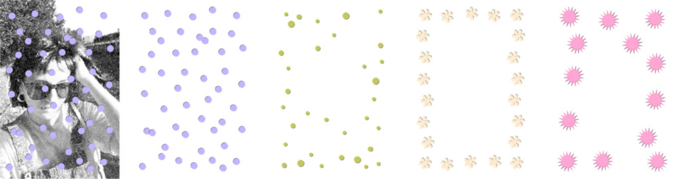 Confetti paper cut out frames collection. Fun dopamine trendy paper overlays. Playful scattered sprinkles, circles, stars, flower floral shapes for collage and scrapbook. Vector illustration isolated