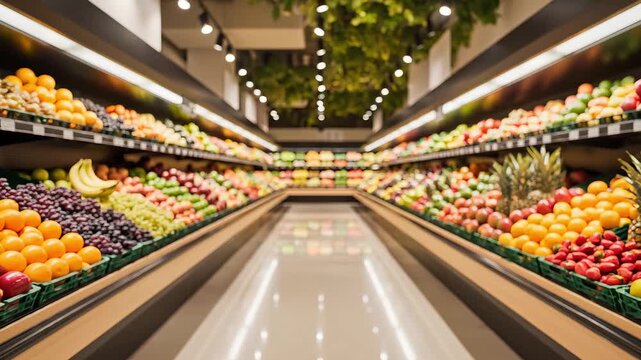 A brightly lit supermarket aisle showcasing an abundant display of fresh, colorful fruits and vegetables neatly arranged on shelves.