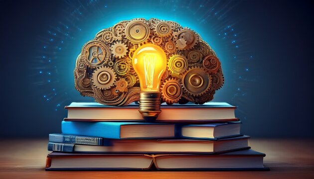 brain composed of gears and technology with glowing lightbulb above stack of books