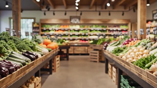 A vibrant and well-stocked produce section in a modern grocery store, featuring a wide variety of fresh fruits and vegetables displayed neatly on wooden shelves under bright lighting.