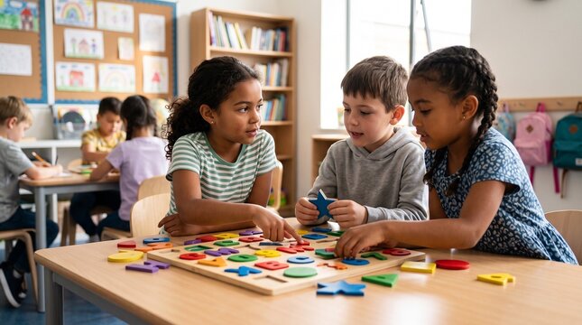 Multiethnic group of young children playing with a colorful wooden alphabet puzzle together at a desk in a bright elementary classroom with bookshelves and backpacks in the background scenery.