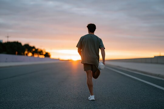 Male runner stretching on an empty road at sunset for fitness background and poster design