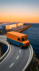 Fototapeta premium Delivery van logistics transport road highway bridge coast sea sunset, miniature delivery van coastal highway bridge beside sea sunset, freight transport concept with copy space and warm evening