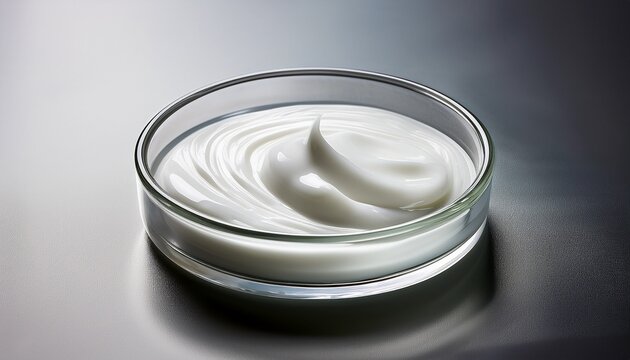 close up of white cosmetic cream sample on glass dish for laboratory testing and research